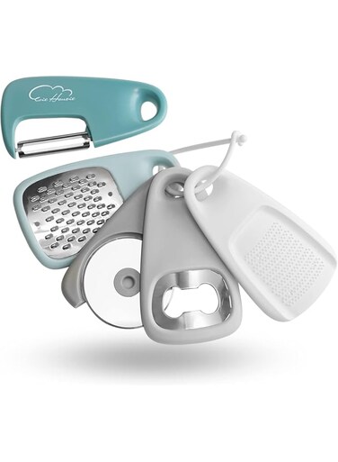 Kitchen Gadgets Set 5 Pieces, Space Saving Cooking Tools Cheese Grater, Bottle Opener, Fruit/Vegetable Peeler, Pizza Cutter, Garlic/Ginger Grinder, Stainless Steel Accessories Dishwasher Safe(Blue)&hellip;