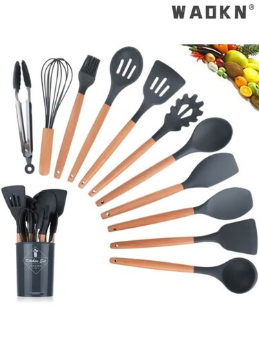 Cooking Utensils Set of 12, Silicone Kitchen Utensils with Wooden Handle, Non-stick Cookware Friendly &amp; Heat Resistant, Includes Spatula/Ladle/Slotted Turner/Serving Spoon/Spaghetti Server