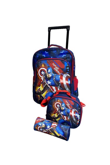 3 Pieces Cartoon-Printed School Trolley Bag for Kids 16 Inch with Lunch Bag and Pencil Pouch Included (Blue Red SuperHero, 16 Inch)