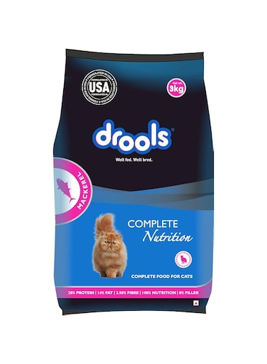 Drools Adult Dry Cat Food, Mackerel, 3 Kg   100% Nutritious Diet With Real Fish, Hairball Control, Taurine For Heart &amp; Vision, Omega 3 &amp; 6 For Healthy Skin &amp; Coat, Supports Digestion &amp; Immunity