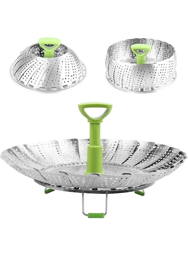 M&amp;J Steamer Basket Stainless Steel Vegetable Steamer Basket Folding Steamer Insert for Veggie Fish Seafood Cooking, Expandable to Fit Various Size Pot (7.1" to 11")
