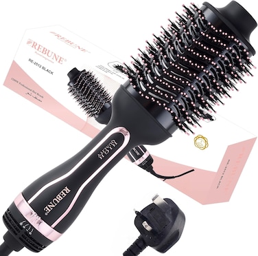 فرشاة مجفف الشعر REBUNE 1200 واط، 5 في 1، مجفف شعر ومصمم هواء ساخن بخطوة واحدة، ومكثف للشعر، ومكواة فرد وتجعيد، وتسخين سريع لجميع أنواع الشعر (أسود)