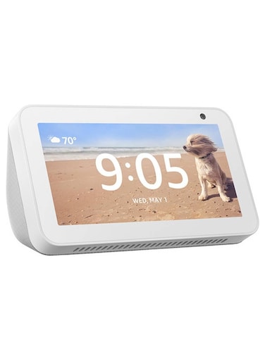 Echo Show 5 (2rd Gen, 2021 release)  Smart display &amp; alarm clock with clearer sound  Use your voice to control smart home devices, play music or the Quran, &amp; more (speaks Khaleeji)  White