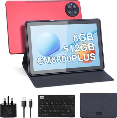 C idea 10 Smart Tablet CM8800 Plus, Android 13 Kids Computer Tab, Wiresless Keyboard Mouse Supported, Dual SIM 5G LTE Wifi, Zoom &amp; Tiktok Supported with Earbuds/Bluetooth Mini Speaker (Red)