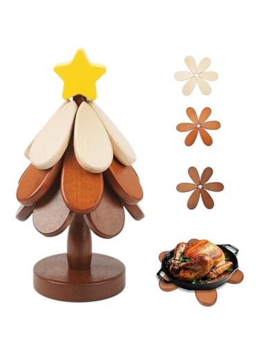 Azonee Wooden Tree Trivet &amp; Coasters, Christmas Tree Shape Hot Pads for Dishes, Hot Pot Mats for Kitchen, Multifunctional Kitchen Decor &amp; Gifts for Women, Wooden Tree Coasters for Countertop(3pcs)