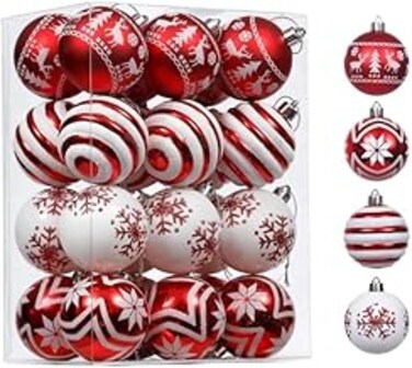 24Pcs Christmas Ball Ornaments Set, Red and White Christmas Tree Decorations Ball Ornaments, 2.36 Inch Hanging Ornaments for Xmas Trees Holiday Party Decor