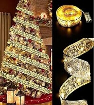 Christmas Tree Ribbon String Lights 16.4ft 50 Led Gold Glowing Ribbon Fairy Lights Battery Powered for Birthday Party Holiday Decorations Indoor and Outdoor Christmas Tree Decorations(Warm White)