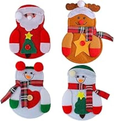 4 Piece Christmas Cutlery Holder Set, Adorable Santa, Reindeer, and Snowman Tableware Bags for Christmas Dining Decoration