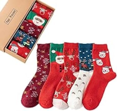 Christmas Socks 5 Pairs Christmas Holiday Gift for Womens Men Xmas Snowflake Colorful Patterned Cotton Socks Christmas Deer Stocking Fancy Soft Socks for Xmas Winter Christmas Decoration with Gift Box