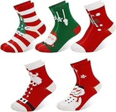 5 Pairs Kids Christmas Socks Xmas Printed Holiday Socks Winter Warm Cute Crew Socks for Kids Boys Girls 3-12 Years Colorful Creative Cotton Stocking Socks Xmas Gift