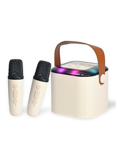 Mini Karaoke Speaker for Kids, Portable Bluetooth Speaker with 2 Wireless Microphones &amp; LED Lights, Perfect Gift for Kids Boys &amp; Girls -Beige