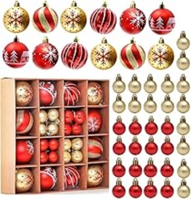 Christmas Tree Balls Ornaments 44 pcs, Christmas Tree Decoration, Balls for Xmas Tree Holiday Wedding Party Decoration, Red Gold Plastic Xmas Tree Baubles Shatterproof Christmas Deco, Christmas Bulbs