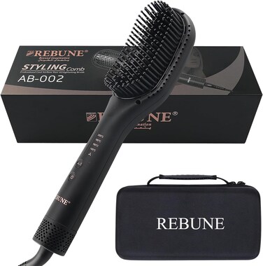 REBUNE 3 In 1 Hot Air Styler Negative Ion Hair Straightener Brush, Hot Air &amp; PTC Dual Heating Technology For Smooth Frizz-Free Hair (Black)