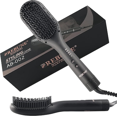 REBUNE AB002 Hot Air Styler Hair Straightener Brush Negative Ion Heated Straightening Brush For Smooth Frizz-Free Hair (Black)