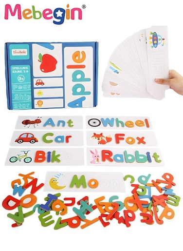 Wooden Reading Alphabet Spelling Games with 28 Cards Letter Words Puzzle for Kids Montessori Spinning Alphabet Learning Toy for Preschool Boys Girls