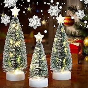 Beauenty Mini Christmas Trees, Set of 3 Christmas Trees with LED Lights for Christmas Decor, Mini Christmas Tree for Christmas Decorations Indoor,Green Frosted Sisal Trees Xmas Decor