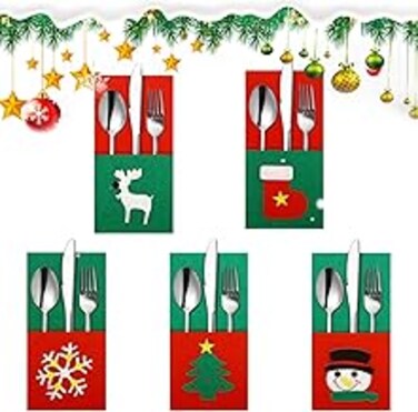 Tujibeay 5Pcs Christmas Cutlery Bag Fork Knife Spoon Covers for Xmas Holiday Party Table Decorations