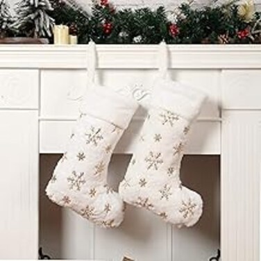2 Pack White Christmas Stockings,18 Inches Faux Furry Fur Golden Large Snowflake Xmas Stocking for Holiday Decoration Gift Socks Christmas Ornament Gift Bags for Family Holiday Xmas Party Decorations