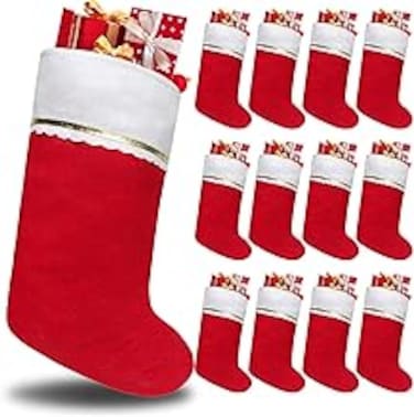 12 Pack Felt Christmas Stockings, 19 Inches Red and White Christmas Stockings Hanging Ornaments, White cuff with Gold Trim Christmas Stockings for Family Christmas Holiday Decorations