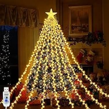 Christmas Decorations Lights, USB Christmas Lights, 6.6 ft 9 Strand 198 LED Waterfall String Light with Topper Star, 8 Modes Xmas Waterfall Tree Lights for Xmas Wedding Party