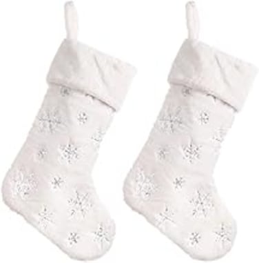 2 Pack White Christmas Stockings,18 Inches Faux Furry Fur Silver Large Snowflake Xmas Stocking for Holiday Decoration Gift Socks Christmas Ornament Gift Bags for Family Holiday Xmas Party Decorations