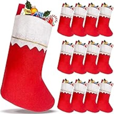 Aowin 12 PCS Christmas Stockings,Red Felt Christmas Stockings Hanging Ornaments,Classic White Cuff with Gold Trim Santa Stockings for Family Holiday Xmas Party Fireplace Decorations