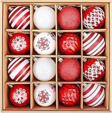 RR-INTL 16PCS Christmas Ball Ornaments, 2.36 Inch Red and White Christmas Tree Ornaments with Glittering, Shatterproof Baubles for Christmas Tree Decorations, Wreaths, Garlands