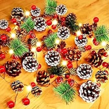 Christmas Decorations Garland Lights, 75 Pcs Pine cones Christmas Lights 7FT 20 LED Garland Lights Battery Operated Red Berry Pine Needles Bell Indoor Outdoor Christmas Decoration (Warm White)