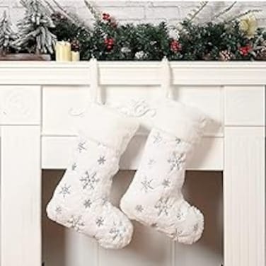 2 Pack White Christmas Stockings,18 Inches Faux Furry Fur Silver Large Snowflake Xmas Stocking for Holiday Decoration Gift Socks Christmas Ornament Gift Bags for Family Holiday Xmas Party Decorations