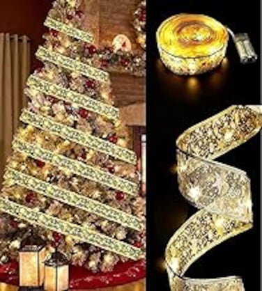 Christmas Tree Ribbon String Lights 16.4ft 50 Led Gold Glowing Ribbon Fairy Lights Battery Powered for Birthday Party Holiday Decorations Indoor and Outdoor Christmas Tree Decorations(Warm White)