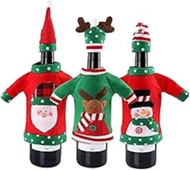 3PCS Ugly Christmas Sweater Wine Bottle Cover, Santa Claus Bottle Covers Dress for Christmas Party Table Dinner Decoration