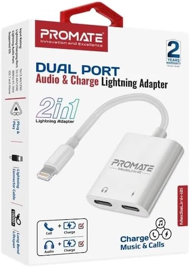 MediaLink-i2i Dual Port Audio and Charge Lightning Adapter - White