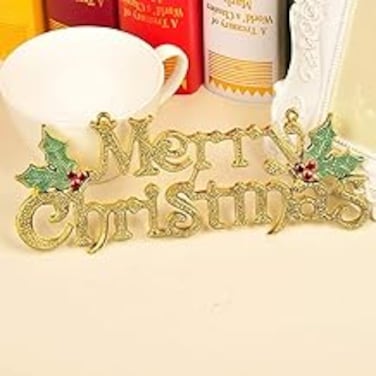 أخرى Merry Christmas Signs, Decorative Glittery Hanging Signs for Xmas - Gold Glitter with Holly Berries ，Gold Merry Christmas Tree Wreath Decorations Accessories Hanging Ornaments