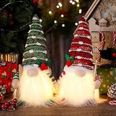 Rness Christmas Decoration Gnome Light Up, Elf Gonk Christmas LED Light, Handmade Christmas Swedish Santa Gnomes with Light, Glitter Hat Christmas Craft 11 inch 2Pcs Green/Red