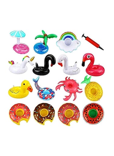 16-Piece Inflatable Multicolour Swim Floats Cup Holder Set For Swimming Pool 25cm