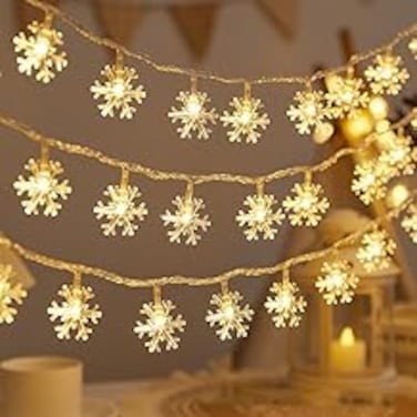 Aowin Christmas Snowflake String Lights,6M 40 LED Snowflake Lights Battery Operated with 2 Modes,Christmas Tree Decoration String Lights for Xmas Holiday Party Home Decor - Warm White(A)