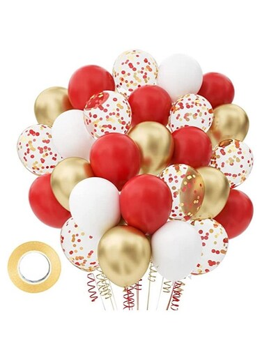 100 Pieces Of Red White Chrome Gold And Confetti Balloons