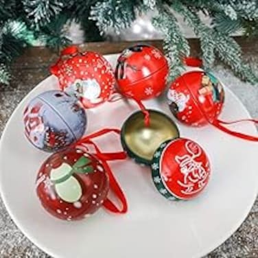 Christmas Decorations Tinplate 4PCS Balls With Ribbon Candy Storage Jar Promotional Gift Custom Christmas Tin Ball for Christmas tree hanging decoration balls, New year, Christmas party, RED,