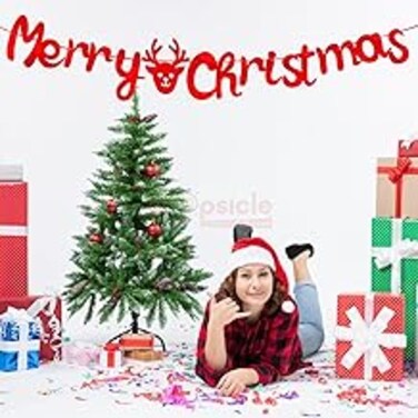 Propsicle Red Merry Christmas Foil Card Stock Banner With One Reindeer Face Flag For Christmas Festive Decoration of Home or Office