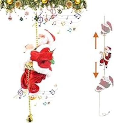 Christmas Electric Santa Claus Decorations Climbing Ladder Rope Santa Claus Doll Christmas Figurine Ornament Santa Climbing Ladder to Tree Singing Chrstimas Doll for Kids (10 x 20 cm, Gold Rope)