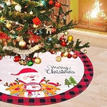 Christmas Tree Skirt, 48 Inches Red Black Buffalo Plaid Tree Skirt Rustic Thick Xmas Tree Skirt with Snowflake Santa Claus Xmas Ornaments Perfect for Christmas Decoration and New Year Holiday Party