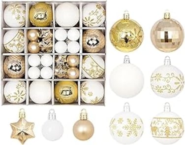 44Pcs Christmas Balls Ornaments for Xmas, Christmas Tree Hanging Balls Ornaments with Glitter, Shatterproof Christmas Tree Decorations, Gold &amp; White