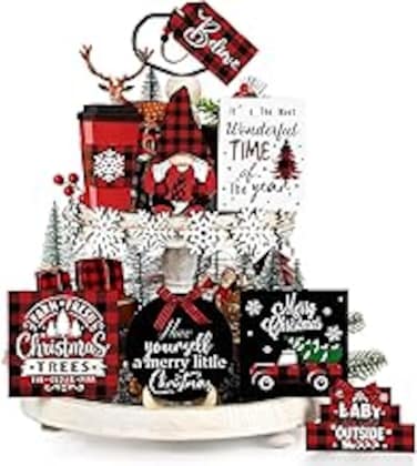 Christmas Tiered Tray Decorations Set, Buffalo Plaid Christmas Centerpiece Table Decorations 14 Pcs Rustic Christmas Ornaments Gnome Snowflake Truck Wooden Signs for Farmhouse Kitchen Shelf Mantel