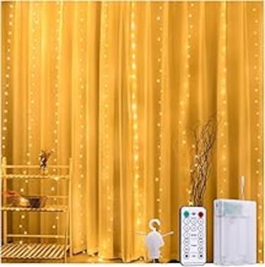 Baytion Curtain String Light,300 LED Lights Window Curtain 3x3Meters Fairy Lights with Remote Control for Christmas,Bedroom,Party,Wedding Decorations(Battery Powered)(Warm White)