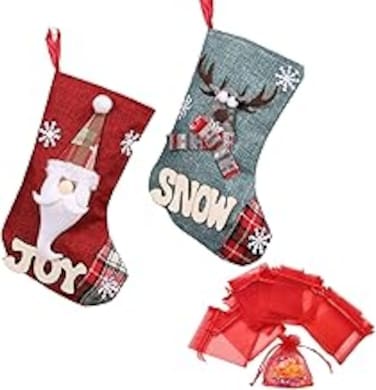 [2+15pcs] Christmas Stockings Gift Bag, 3D Christmas Stockings Gift (2pcs) &amp; Treat Bags (15pcs) for Holiday Decoration Santa Reindeer Customed Design,Christmas Tree Fireplace Hanging Stockings