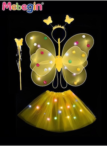 4 PCS LED Glowing Butterfly Wings Back Decoration with 1 Headband 1 Skirt 1 Fairy Stick for Little Girl, Light Up Luminous Costume for Party Photo Prop Party Favor Yellow