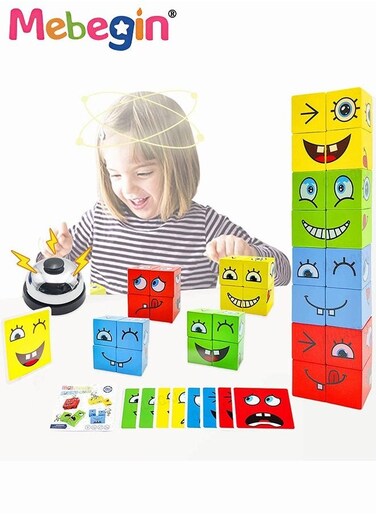 Wooden Expressions Matching Block Puzzles Cute Geometric Emoji Building Cubes Educational Montessori Toys Brain Teasers Board Games for Kids Ages 3 Years and Up Birthday Gift