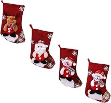 HeyJais 4 Pack Christmas Stockings Gift Bag, 3D Christmas Stockings Gift &amp; Treat Bags for Holiday Decoration Santa Reindeer Customed Design,Christmas Tree Fireplace Hanging Stockings