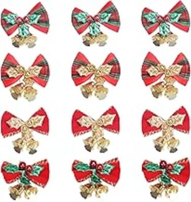 HOOTO 12PCS Christmas Bow with Bells Mini Bowknot Ornament Christmas Garland Bow Ornaments Decorative Bows for Christmas Tree, Wreath