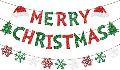 BIGTHREE Merry Christmas Banner, Glitter Paper Banner for Christmas Indoor, Hanging Merry Christmas Front Door Decoration, Christmas Tree Decorations for Home Christmas Party Fireplace Mantle Decor